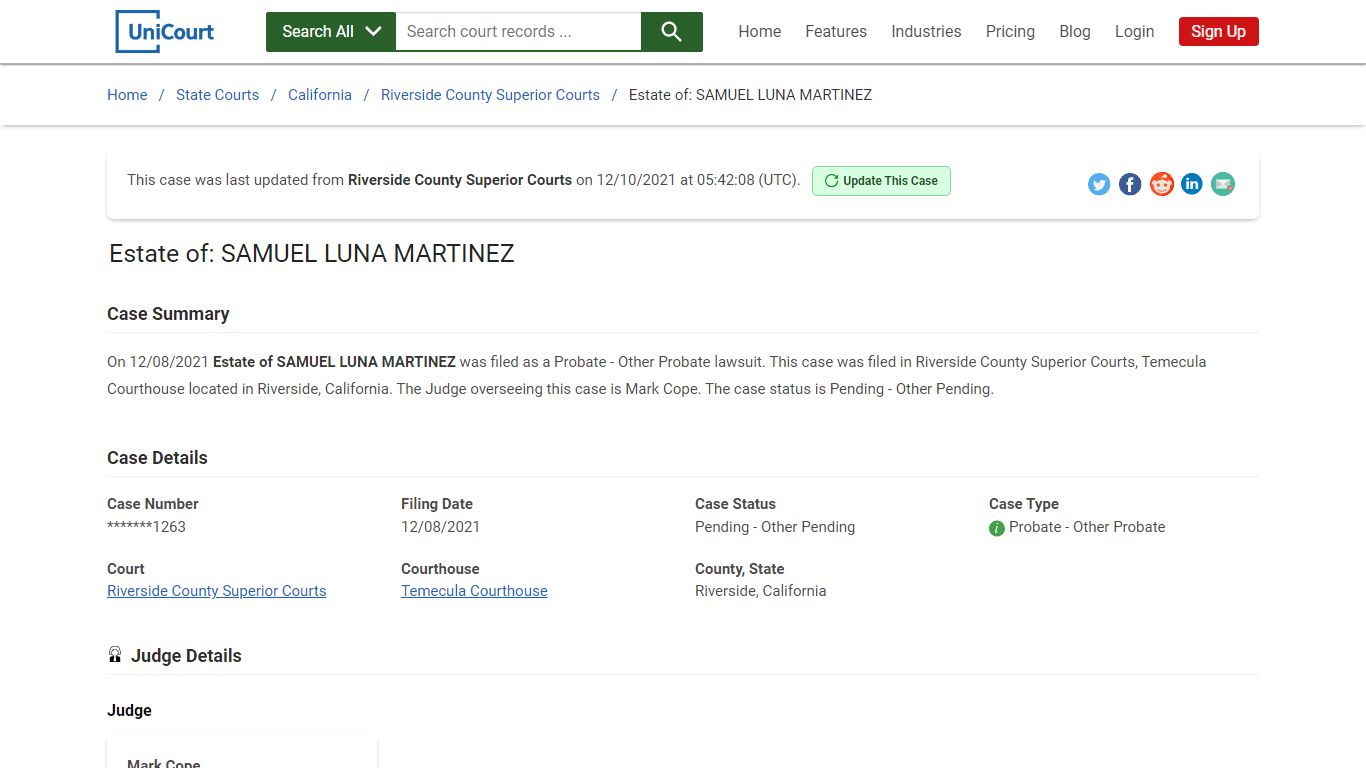 Estate of: SAMUEL LUNA MARTINEZ | Court Records - UniCourt